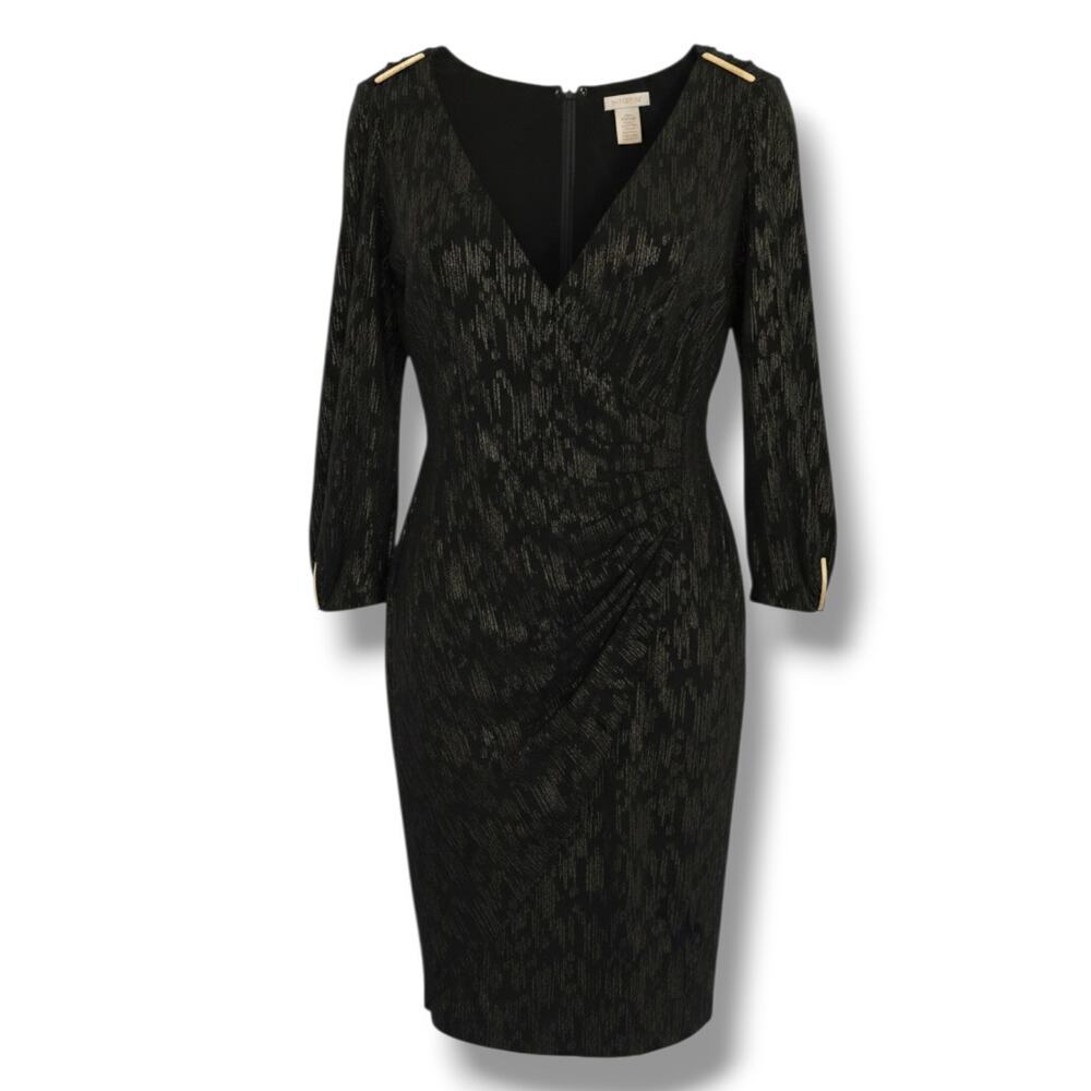 Caché Black & Metallic Gold Shimmer Ruched Faux-Wrap Dress – Large